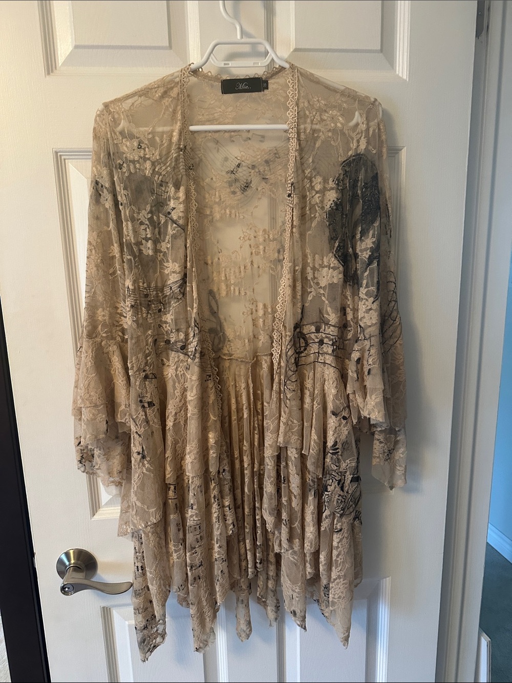 MIA Beige Lace Sheer Music Print Kimono Jacket
